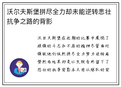 沃尔夫斯堡拼尽全力却未能逆转悲壮抗争之路的背影