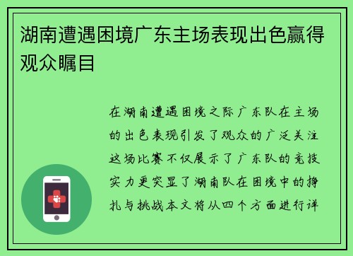 湖南遭遇困境广东主场表现出色赢得观众瞩目