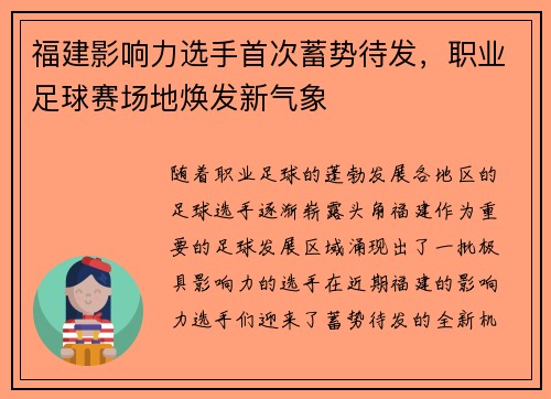 福建影响力选手首次蓄势待发，职业足球赛场地焕发新气象