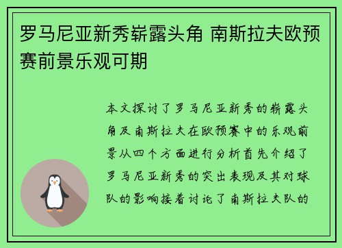 罗马尼亚新秀崭露头角 南斯拉夫欧预赛前景乐观可期