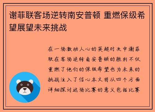 谢菲联客场逆转南安普顿 重燃保级希望展望未来挑战