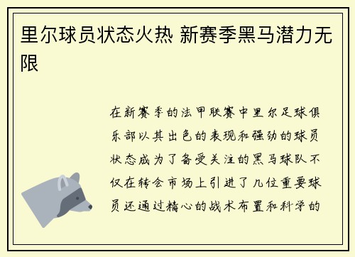 里尔球员状态火热 新赛季黑马潜力无限