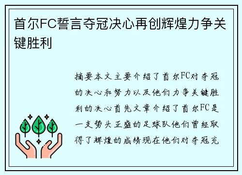 首尔FC誓言夺冠决心再创辉煌力争关键胜利